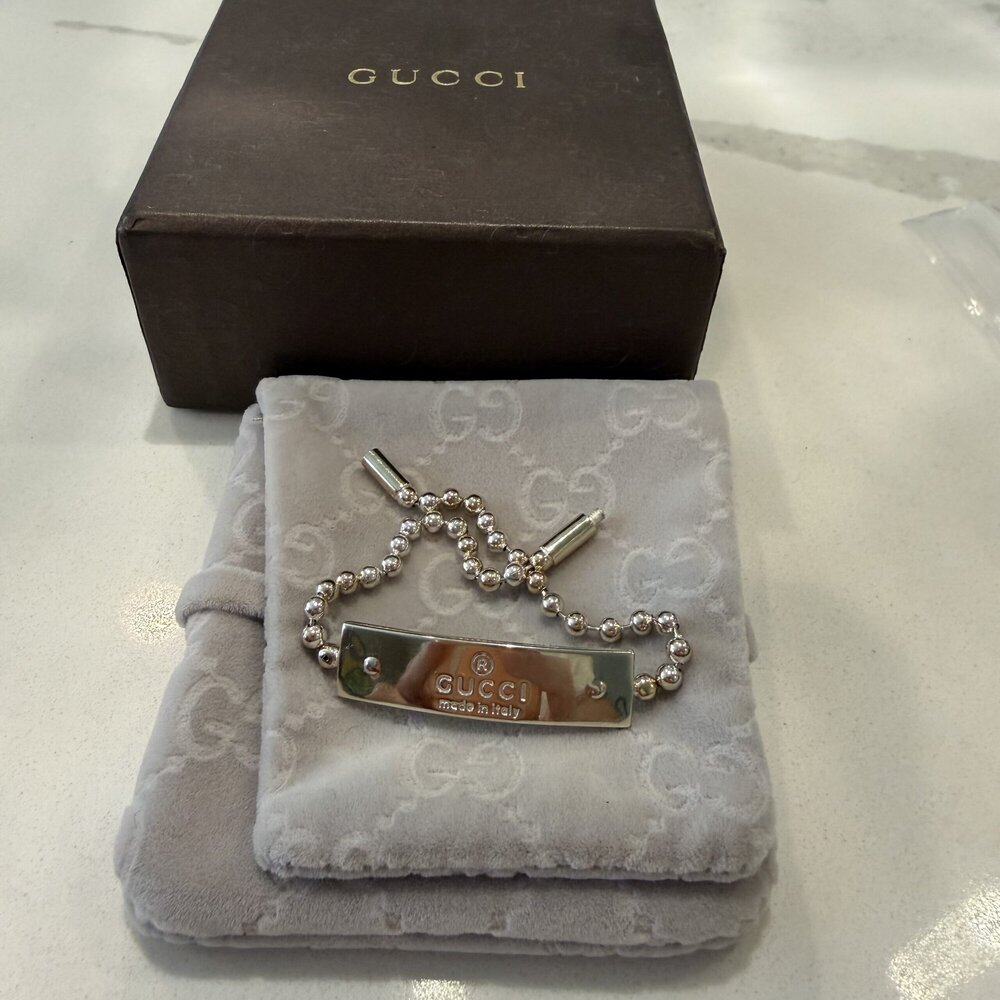 Gucci Sterling Silver Logo Plaque Ball Chain Bracelet